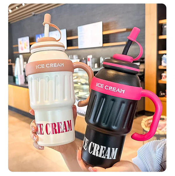 Stainless Steel Cute Ice Cream Tumbler Water Bottle With Straw And Handle 1000ml