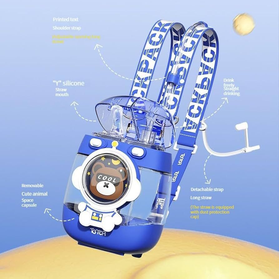 Cute Blue Bear Backpack Style Aesthetic Leakproof Drinking Water Bottle With Strap and Straw 1000ml