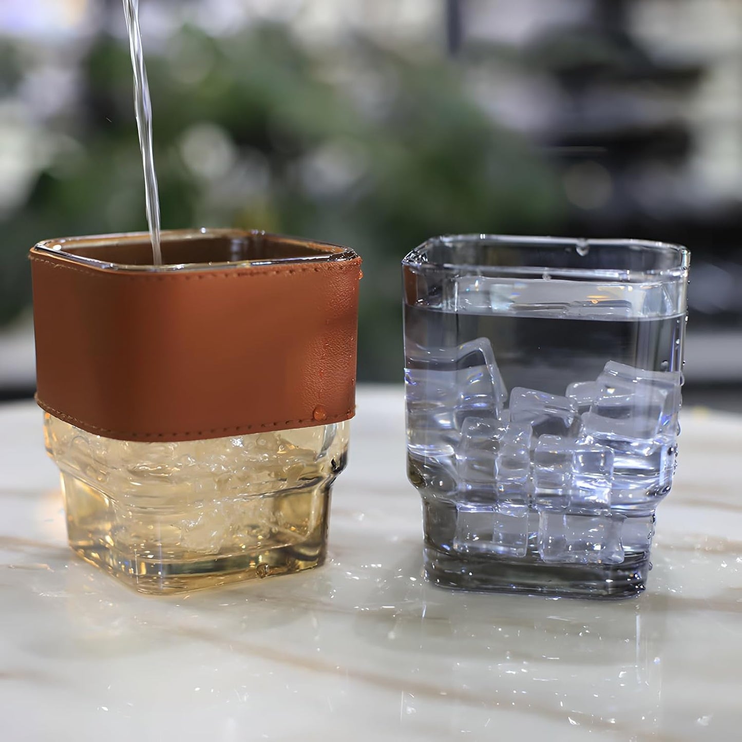 Thick Wall Insulated Glass Cups With Lid And PU Leather Sleeve Case And Straw