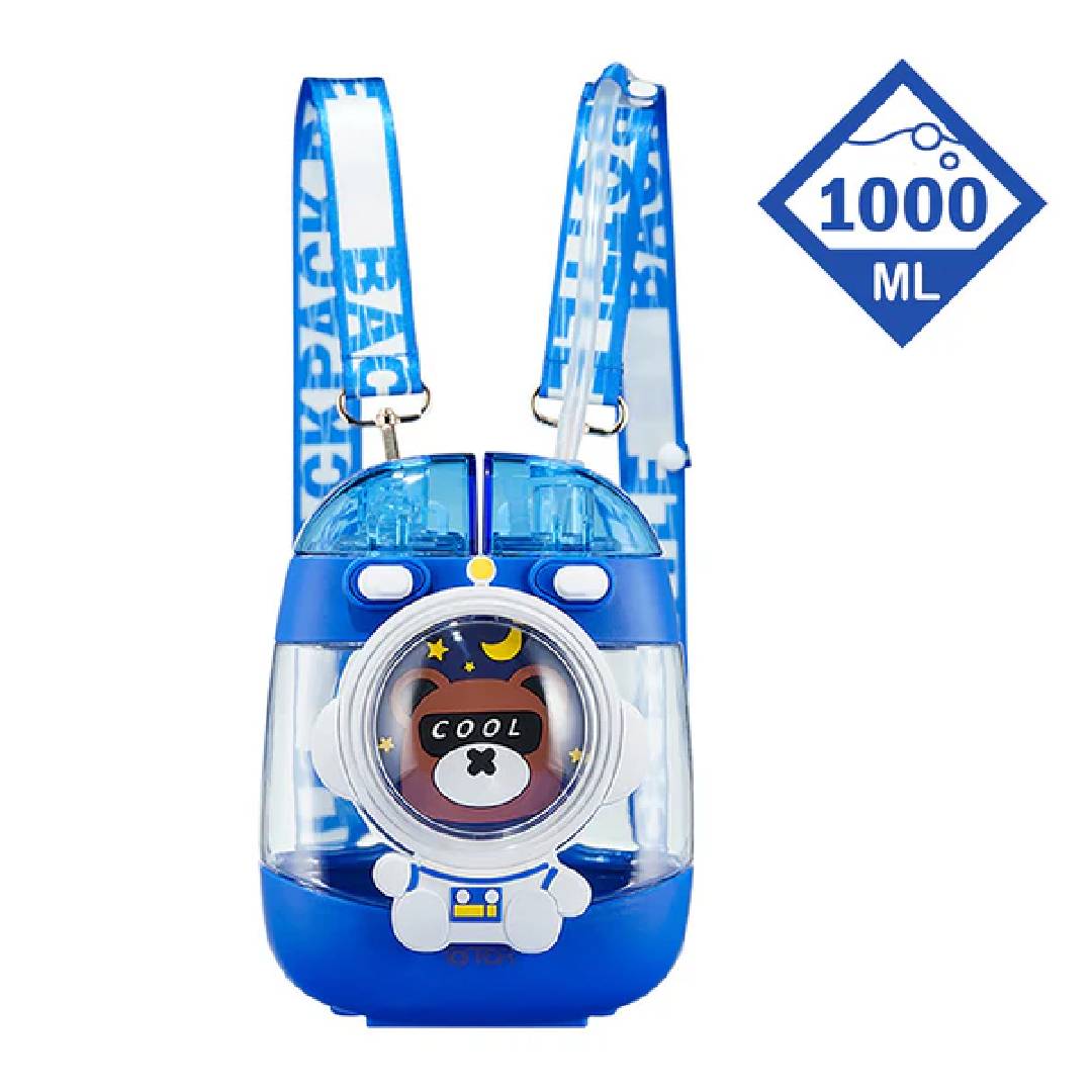 Cute Blue Bear Backpack Style Aesthetic Leakproof Drinking Water Bottle With Strap and Straw 1000ml