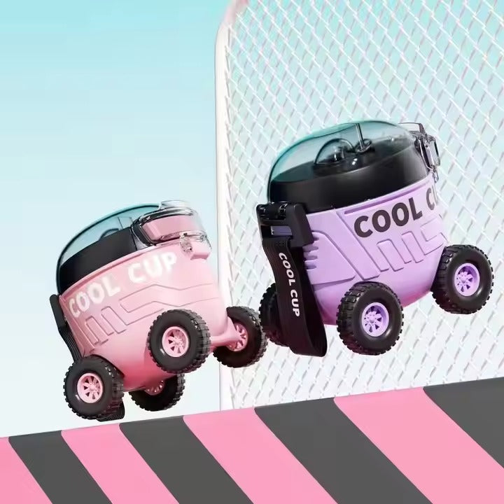 Portable Cool Cup Cartoon Toys Baby Car With Wheel Sipper Water Bottle For Kids 550ml