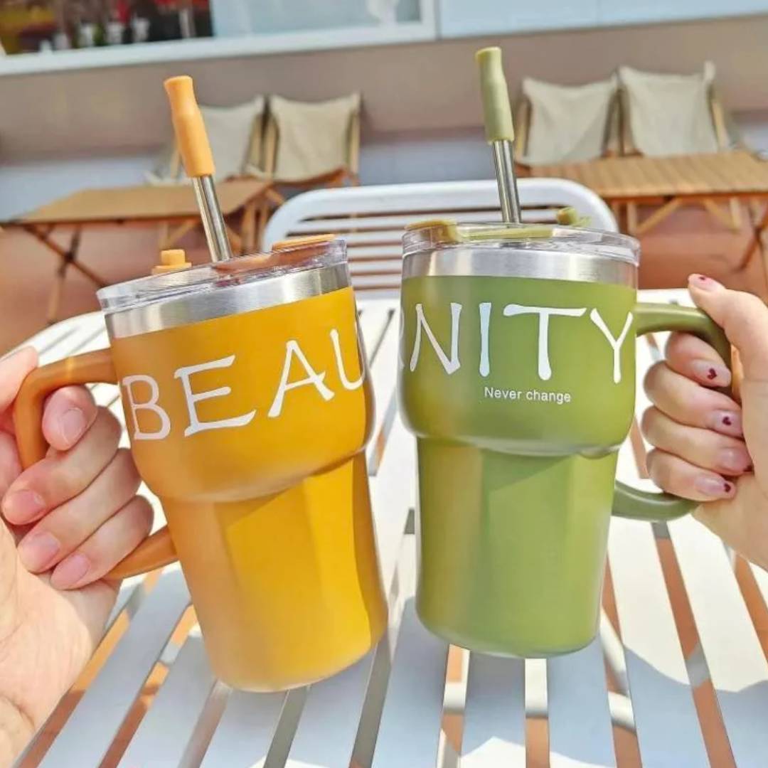 Positive Vibes Stainless Steel Coffee Mug Tumbler With Straw Lid Handle 600ml