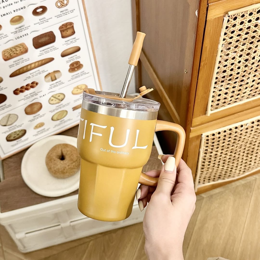Positive Vibes Stainless Steel Coffee Mug Tumbler With Straw Lid Handle 600ml