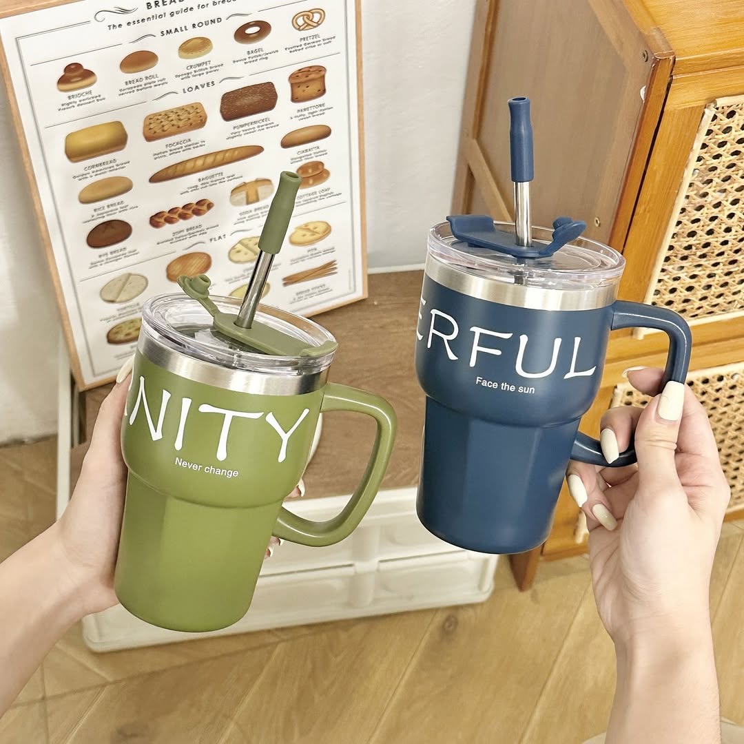 Positive Vibes Stainless Steel Coffee Mug Tumbler With Straw Lid Handle 600ml