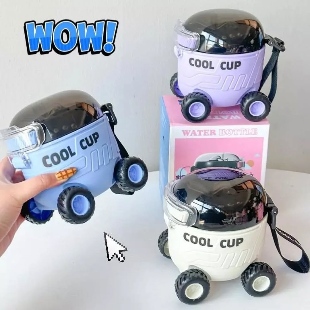 Portable Cool Cup Cartoon Toys Baby Car With Wheel Sipper Water Bottle For Kids 550ml