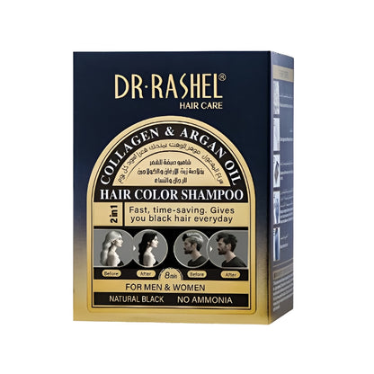 Dr Rashel 2in1 Collagen And Argan Oil Hair Color Shampoo For Men And Women 10 Sachet In Box Black Color