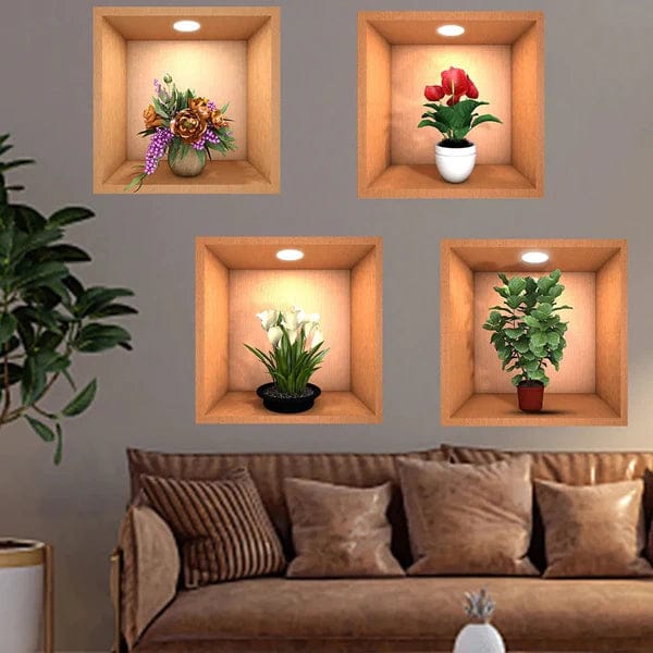 3D Flower Pot Look Wall Stickers Set Of 4 Pcs