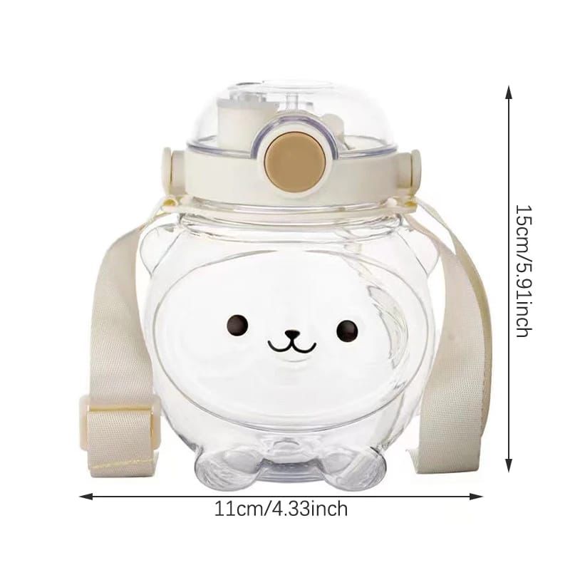 Super Cute Summer Cartoon Panda Bear Shaped Dual Drink Straw Water Bottle With Strap