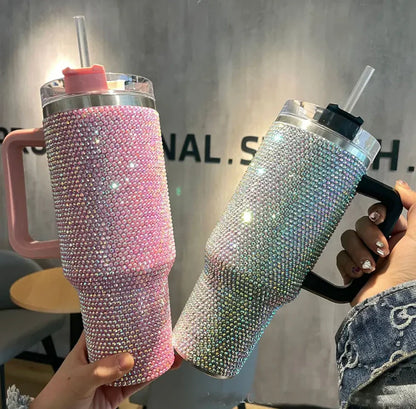 Stainless Steel 40oz Rhinestone Tumbler Cup Glitter With Lid And Handle