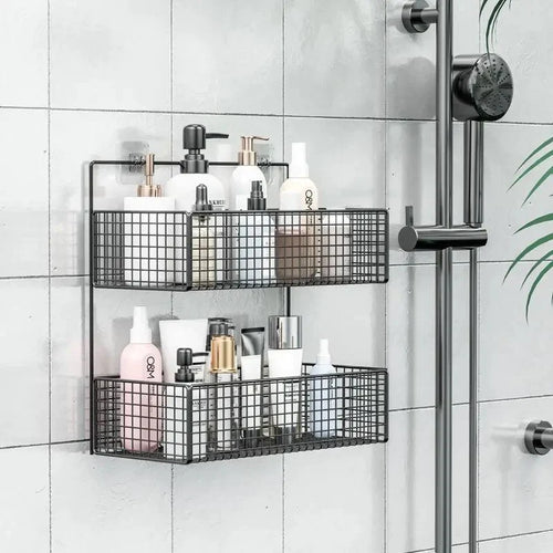 Multifunctional 2 Layer Wall Mounted Sticking Shelf Toiletries Organizer Storage Basket