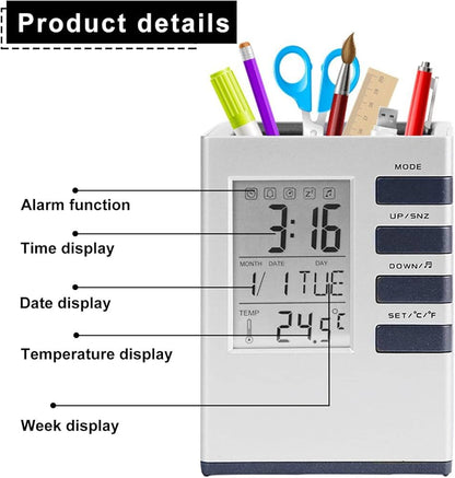 Multifunctional Square Shape Creative Pen Holder With Digital Clock LCD Display Screen Alarm Clock Calendar
