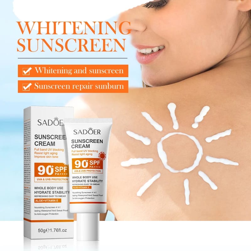 SADOER Sunscreen Cream 90+SPF PA++++ UVA And UVB Protection Aloe + Vitamin E Sun Cream