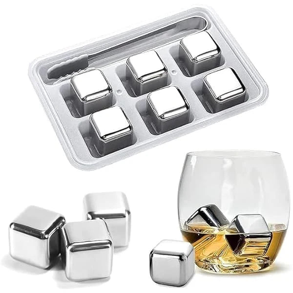 Reusable 6pcs Stainless Steel Ice Cube Set With Tong