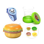 Burger Shape Double Layer Plastic Lunch Box with Spoons + Folding Collapsible Magic Cup & Mug Glass for Kids + Multicolor Flashing Light Mosquito Repellent Bracelet Cute Mosquito Repellent Watch