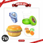 Burger Shape Double Layer Plastic Lunch Box with Spoons + Folding Collapsible Magic Cup & Mug Glass for Kids + Multicolor Flashing Light Mosquito Repellent Bracelet Cute Mosquito Repellent Watch