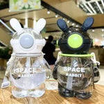 Cute Space Rabbit Design Water Bottle With Straw