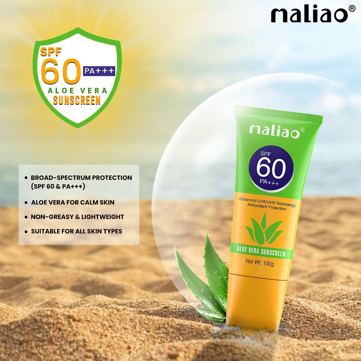 Maliao Aloe Vera Sunscreen SPF 60 PA+++ - Ultimate Sun Protection for Your Skin