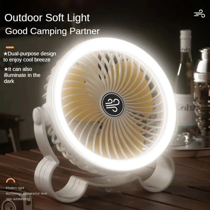 Cute Rechargeable Fan With LED Light And Hook For Hanging