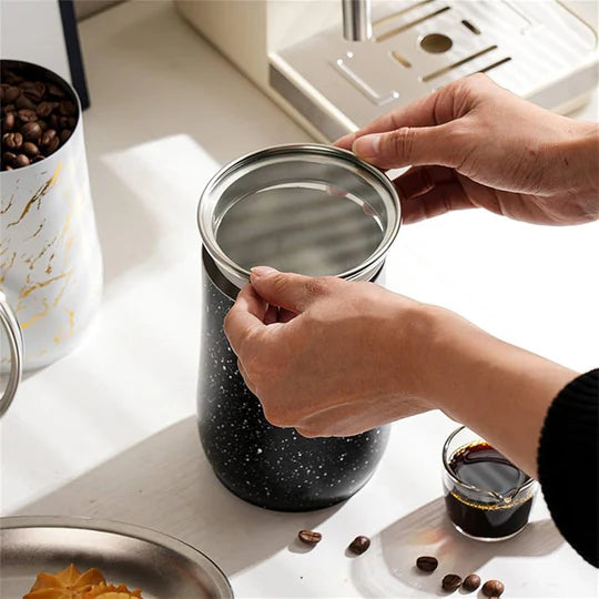 Modern Ceramic Marble Design Metal Airtight Food Jar Container With Plastic Spoon 1000ml