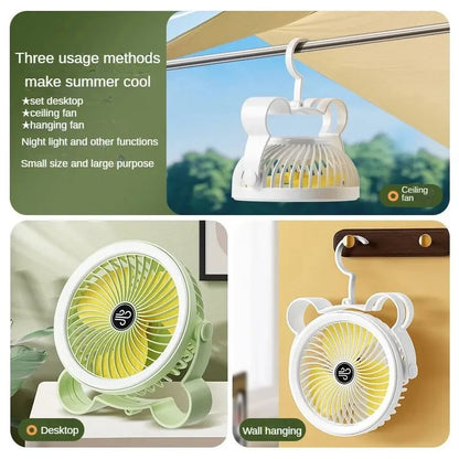 Cute Rechargeable Fan With LED Light And Hook For Hanging