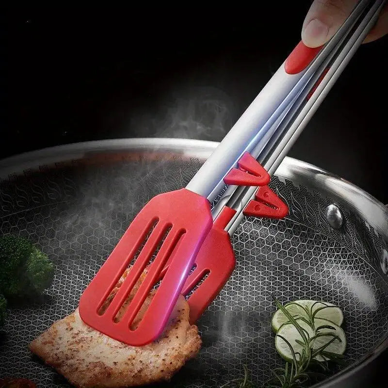 Stainless Steel With Silicone Three Line Food Clip For Fried Steak Tong 12 inch