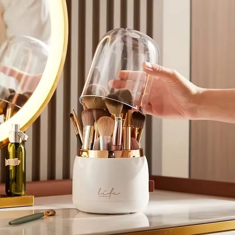 Cosmetic Storage Dustproof 360° Rotating Compartment Brush Holder Organizer
