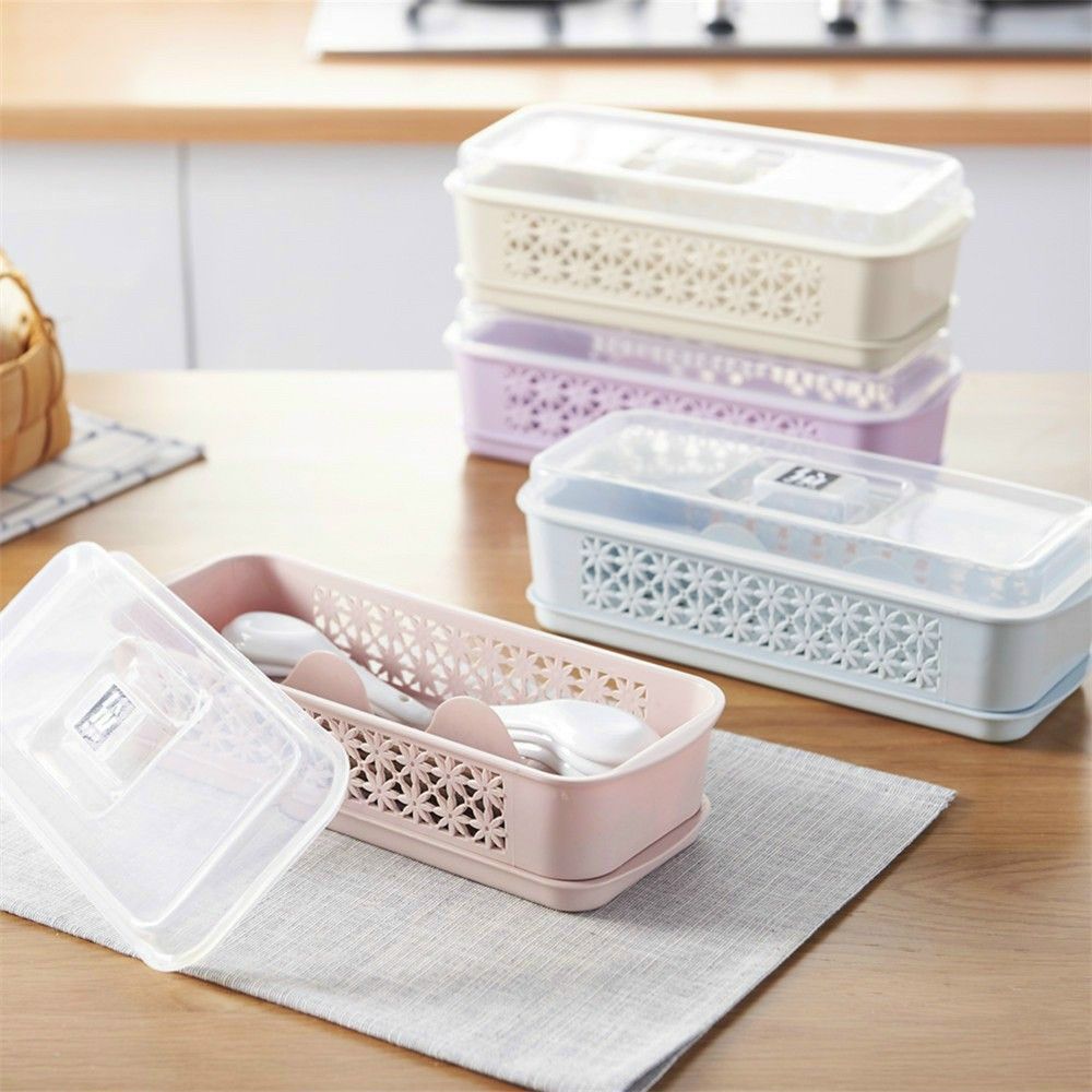 Double Layer Spoon Fork Chopsticks Cutlery Storage Box With Lid Kitchen Utensil Box