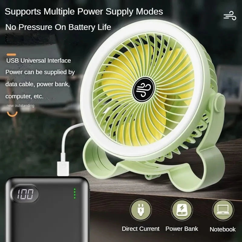 Cute Rechargeable Fan With LED Light And Hook For Hanging