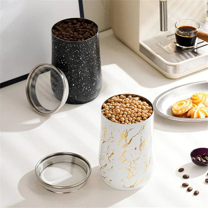 Modern Ceramic Marble Design Metal Airtight Food Jar Container With Plastic Spoon 1000ml