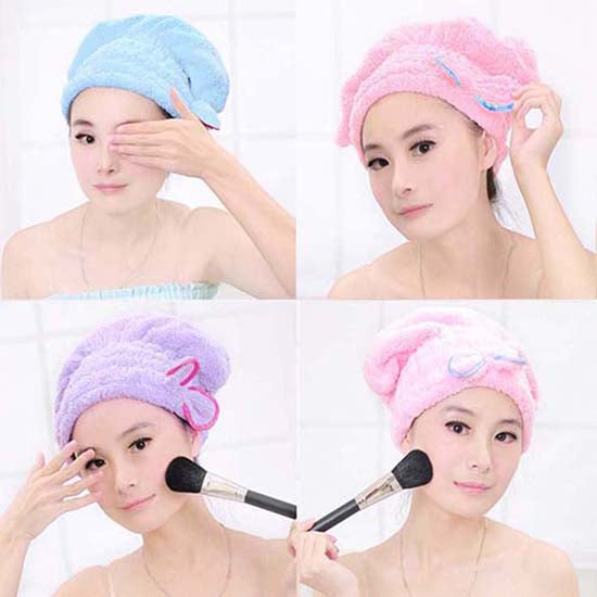 Hair Drying Hat Spa Towel Turban Cap Cute Bowknot Coral Velvet Micro-fiber