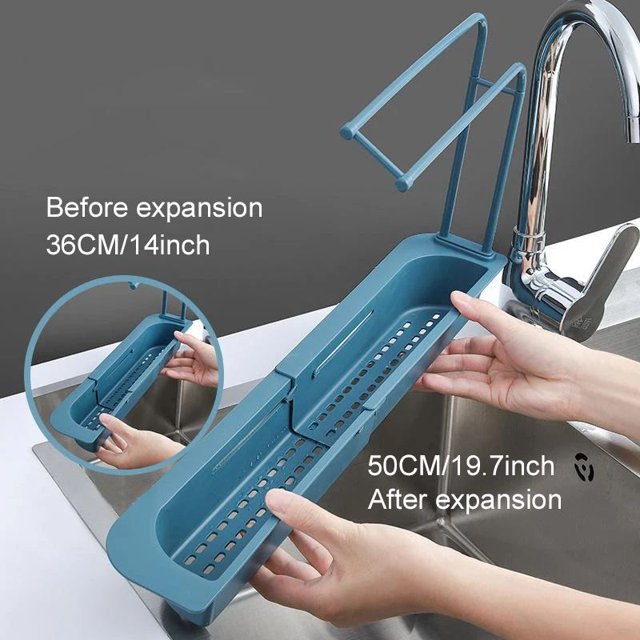 Telescopic Sink Holder Adjustable Drainer Sink Tray Sponge Soap Holder With Dish Cloth Hanger Sink Organizer