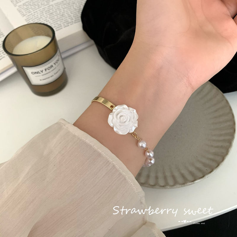 Fashion Jewellery White Rose With Pearls Bracelet