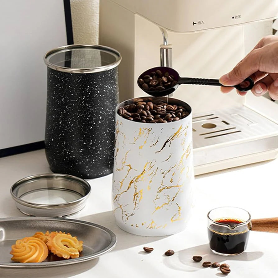 Modern Ceramic Marble Design Metal Airtight Food Jar Container With Plastic Spoon 1000ml