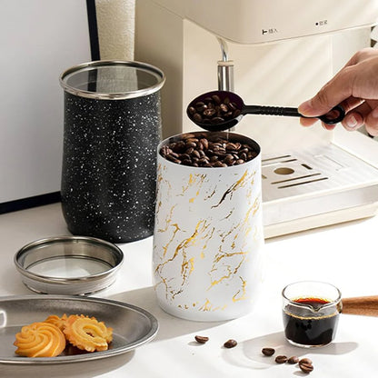 Modern Ceramic Marble Design Metal Airtight Food Jar Container With Plastic Spoon 1000ml