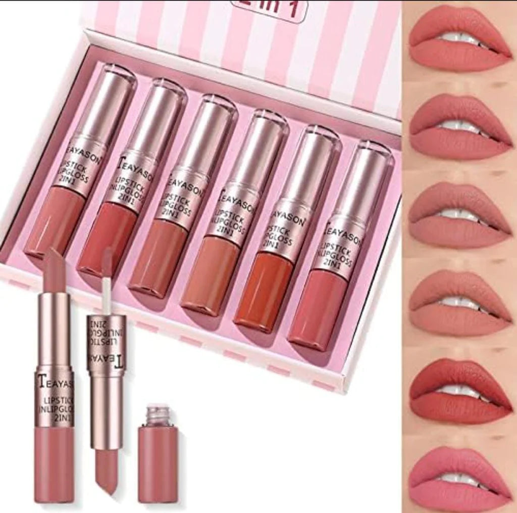 TEAYASON 6 Pcs Matte 2in1 Lipgloss & Lipstick Set