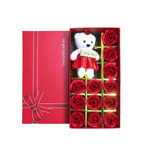 Valentine Decor Gift Set Showpiece Teddy Bear And Red Flowers