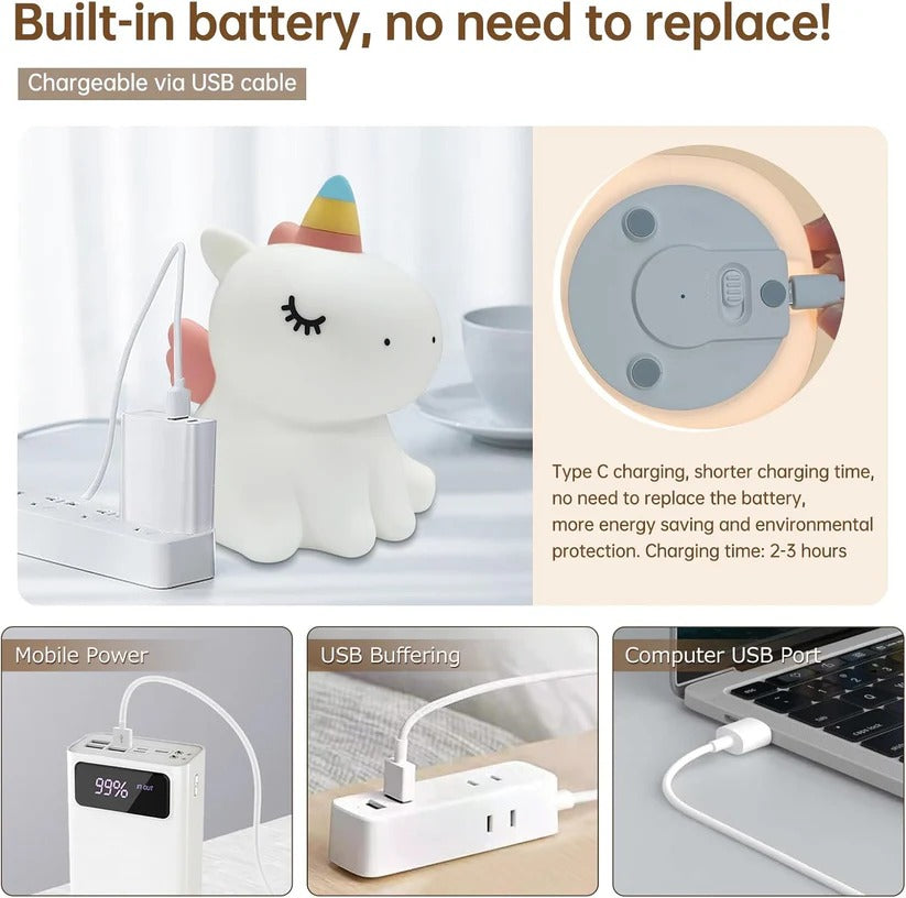 USB Rechargeable Cartoon Unicorn Silicone Lamp LED Light