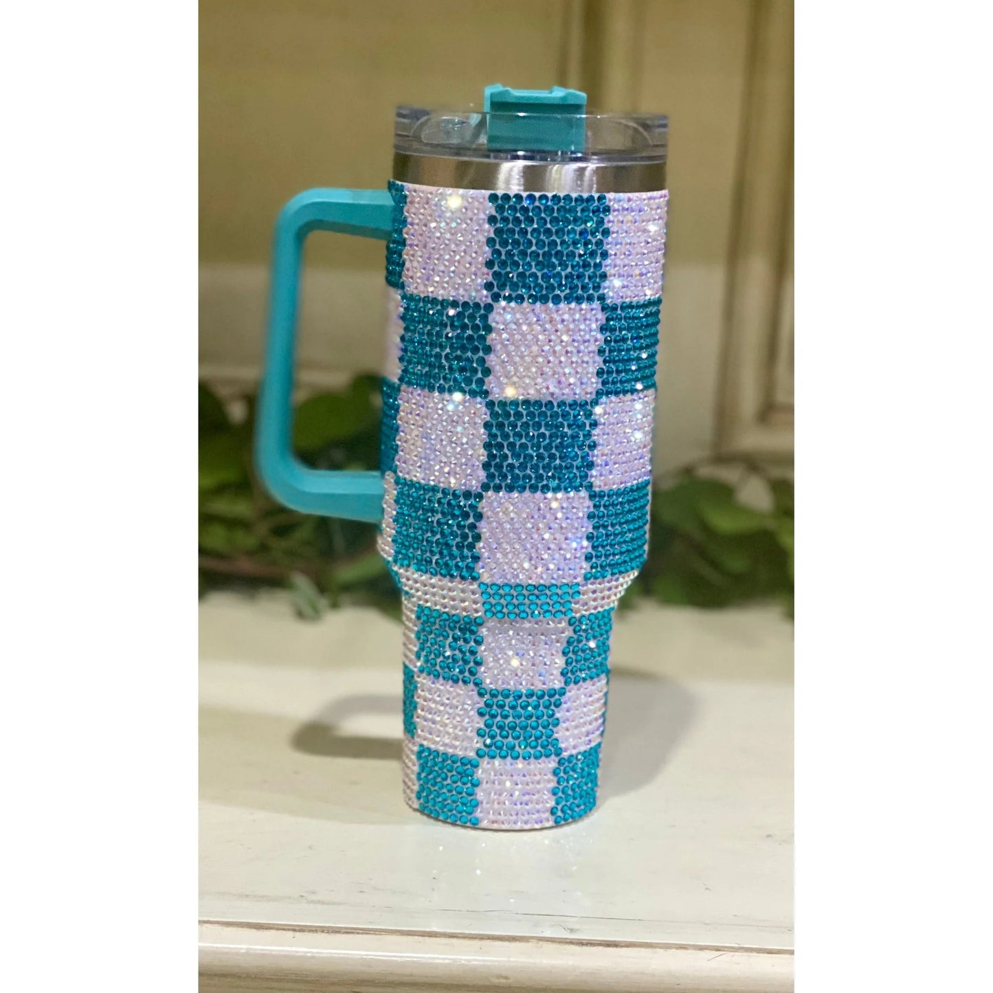 40oz Stainless Steel Checkered Rhinestone Tumbler 1200ml
