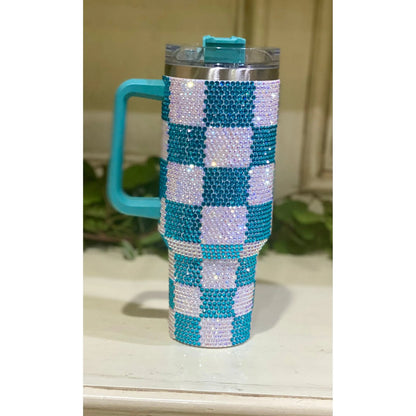 40oz Stainless Steel Checkered Rhinestone Tumbler 1200ml