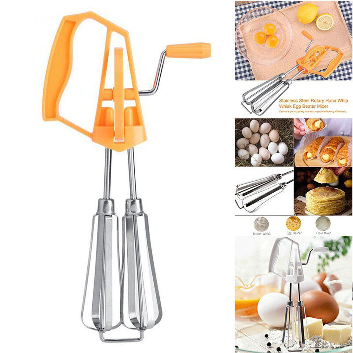 Multifunctional Stainless Steel Rotary Handheld Manual Whisk Double Egg Beater Mixer