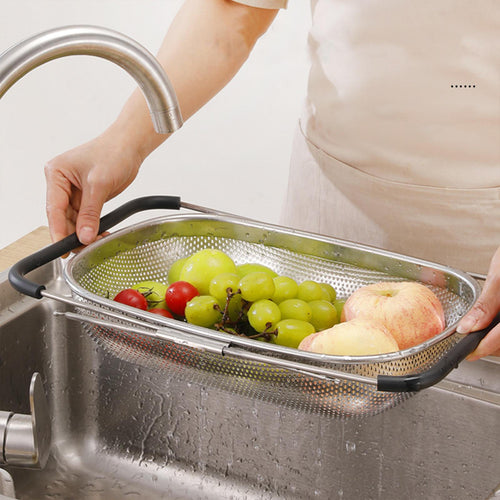 Stainless Steel Drain Basket With Extendable Rubber Handles To Fit Any Sink