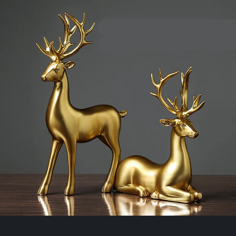 Nordic Luxury Resin Deers Statue Ornament 2Pcs Set Fiber Material