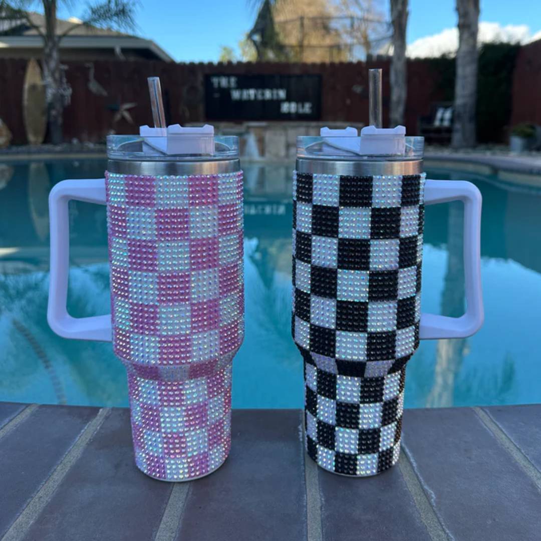 40oz Stainless Steel Checkered Rhinestone Tumbler 1200ml