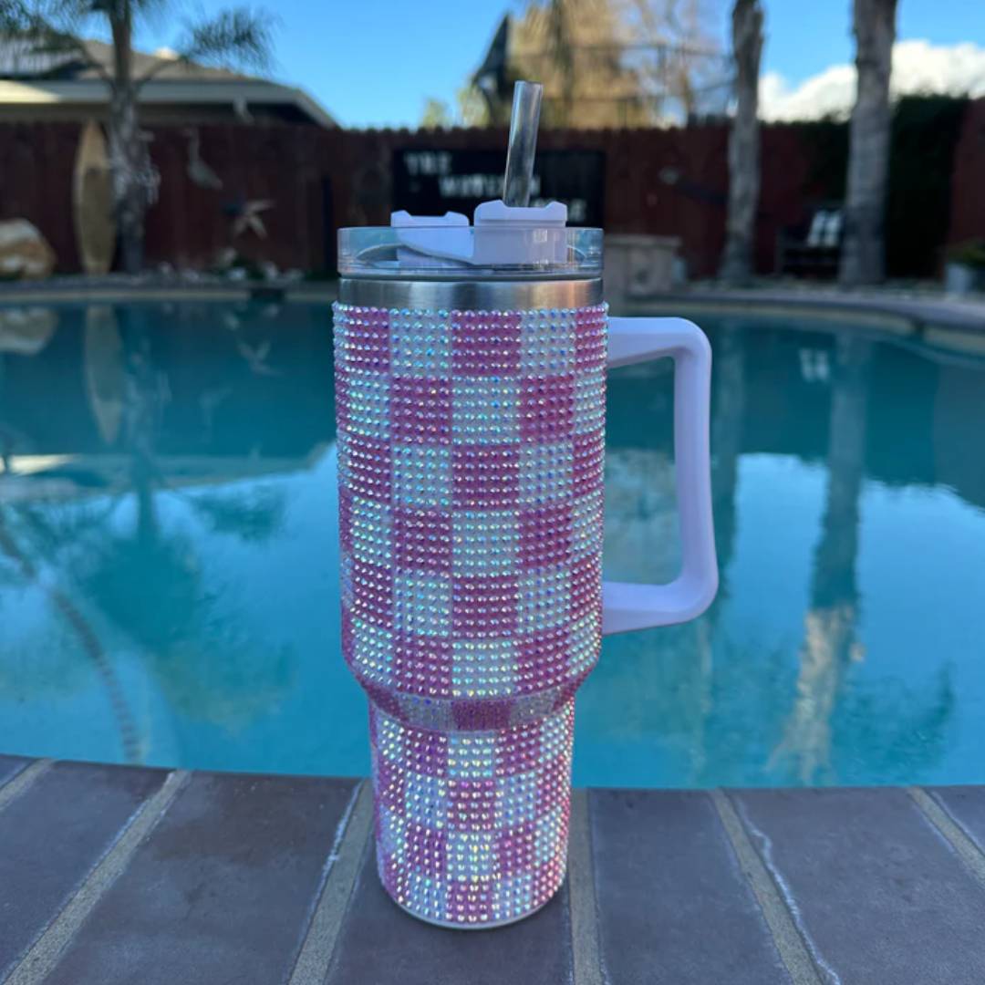 40oz Stainless Steel Checkered Rhinestone Tumbler 1200ml