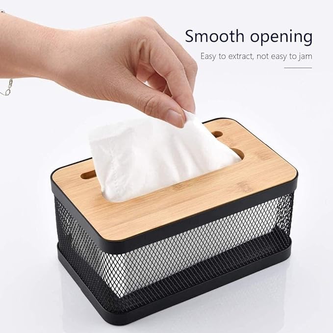 Iron Material Tissue Box  With Wooden Lid Cover And Mobile Holder Stand