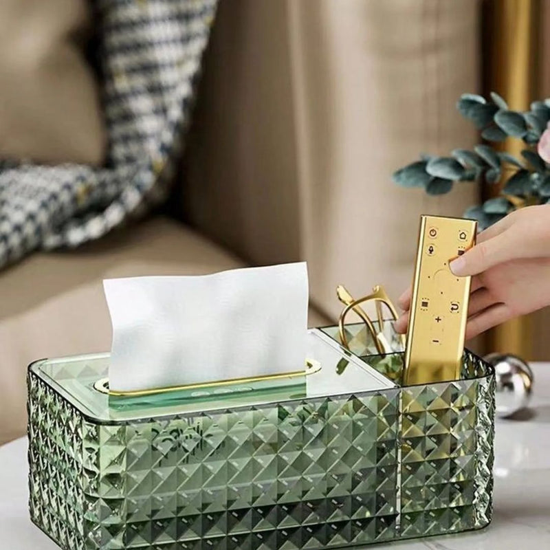 Luxury Diamond Pattern Acrylic Transparent Tissue Box With Stationary Remote Control Holder