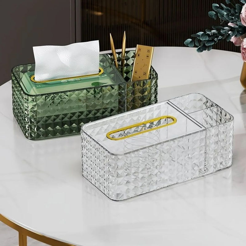 Luxury Diamond Pattern Acrylic Transparent Tissue Box With Stationary Remote Control Holder