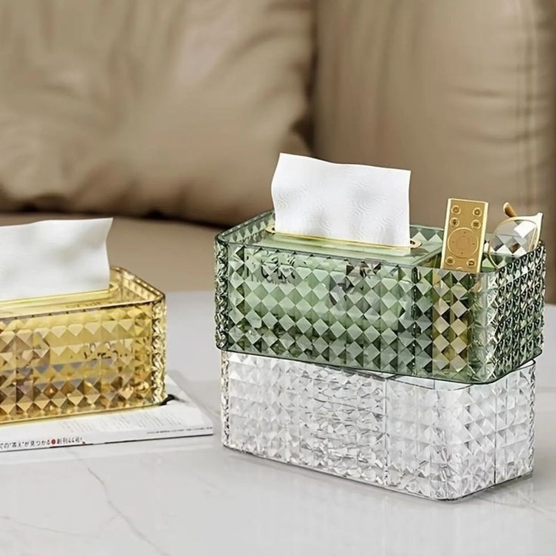 Luxury Diamond Pattern Acrylic Transparent Tissue Box With Stationary Remote Control Holder