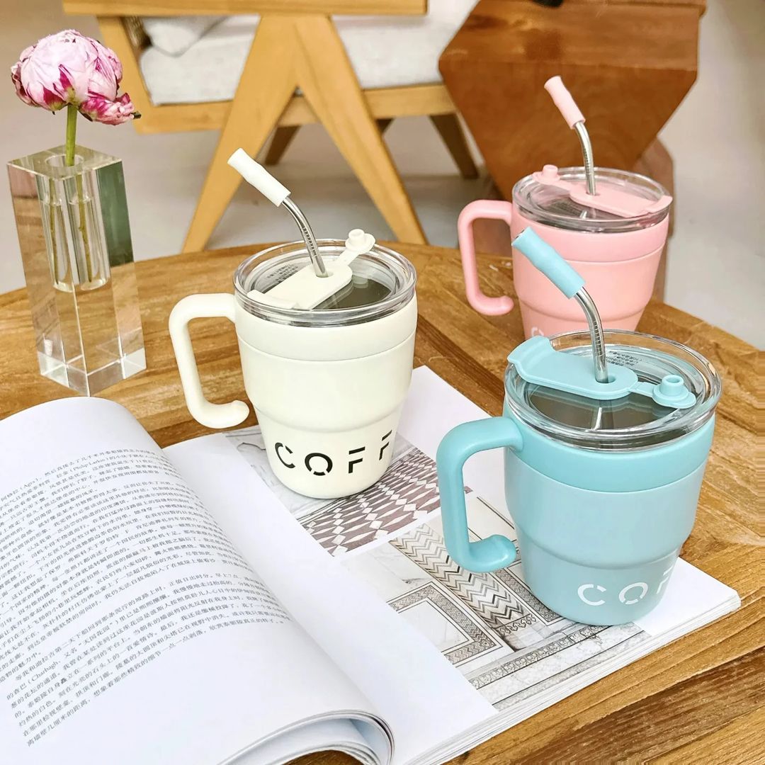 Portable Korean Coffee Cup With Lid Straw 480ml