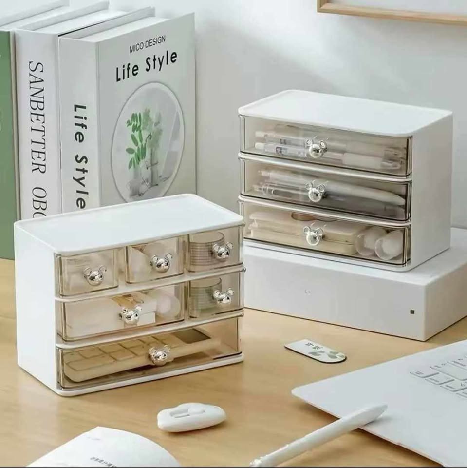 Multipurpose 6 Compartments Acrylic Drawer Storage Organizer With Bear Shape Handle